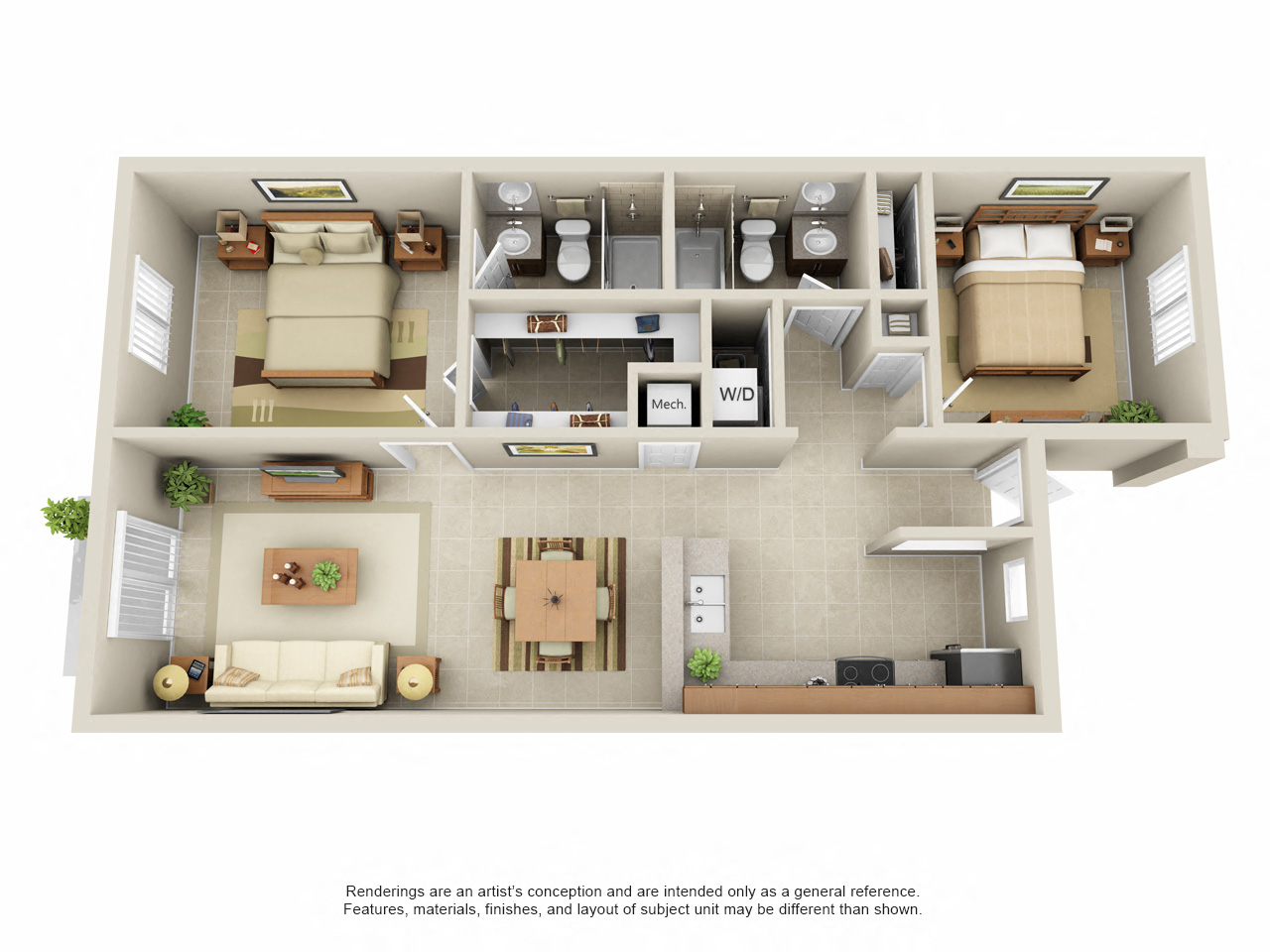 Floor plan for 2 beds, 2 baths, 1019 sqft